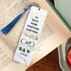 Personalised to many chapters together bookmark with tassel, Gift for her him, Book lover gift with name