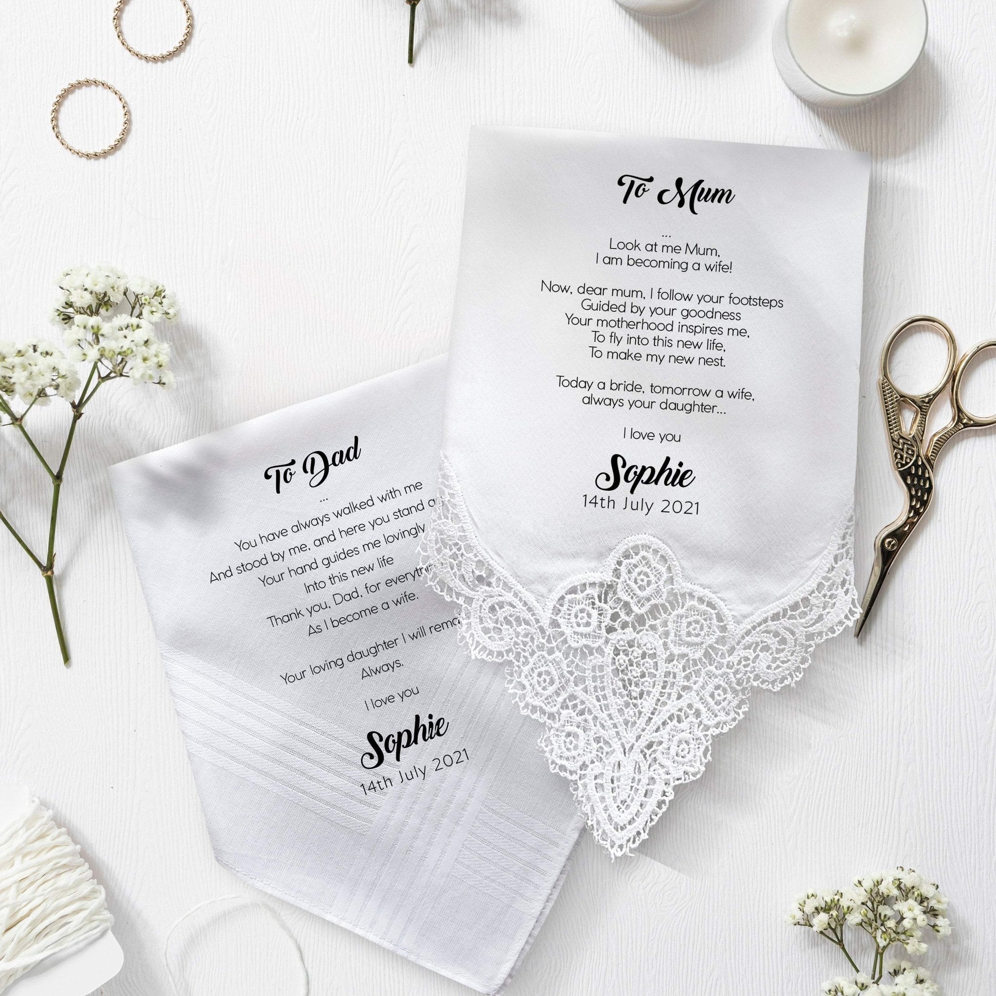 Personalised Wedding Handkerchief Gift for Mother of the Bride, Father of the Bride Gift MBF1