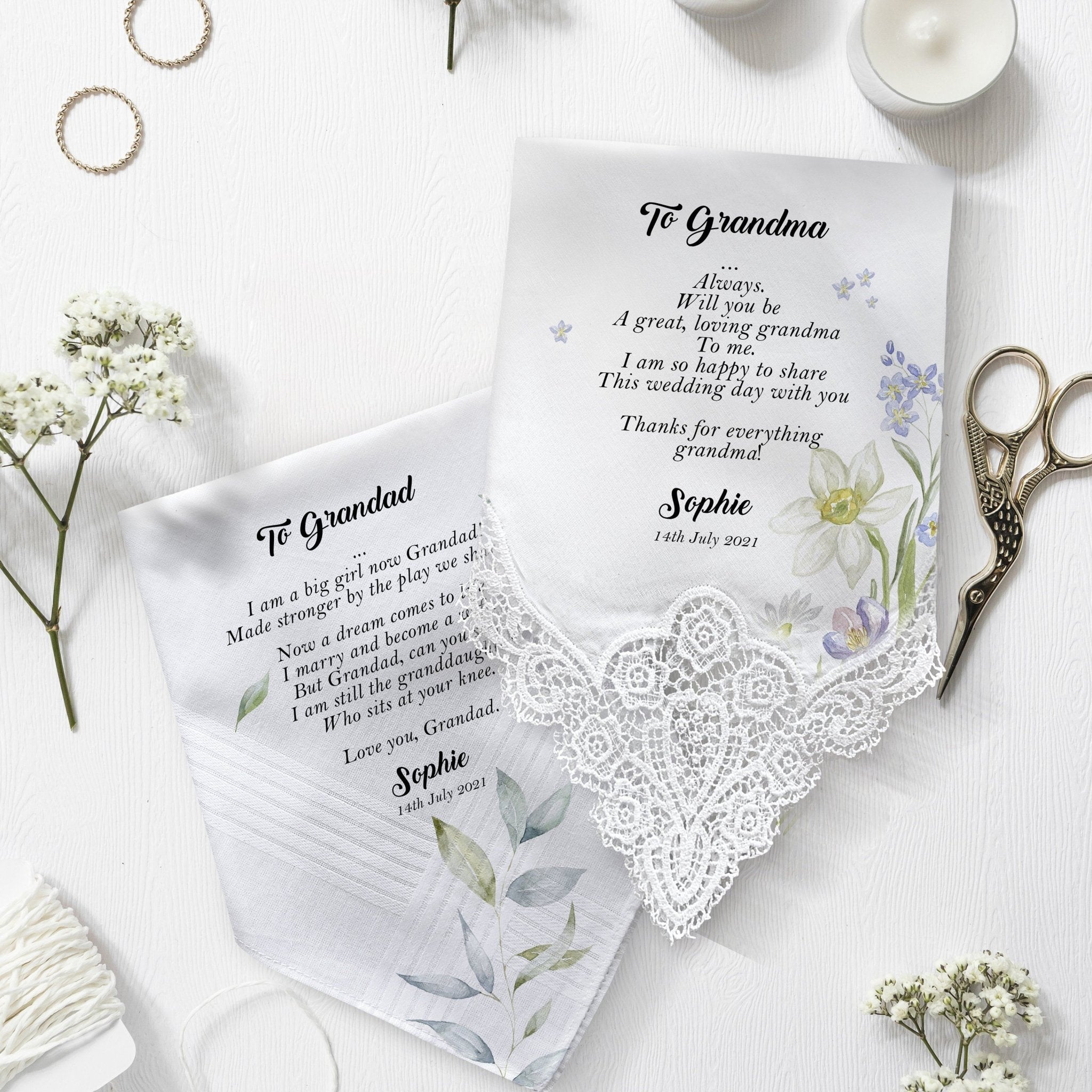 Personalised wedding handkerchief gift from bride to grandad and grandma GG1