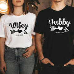 Personalised Wifey Hubby T-shirt with Wedding Date, Bride Groom Mr Mrs engagement gift