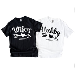 Personalised Wifey Hubby T-shirt with Wedding Date, Bride Groom Mr Mrs engagement gift