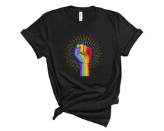 Pride t-shirt, UNISEX tee, Rainbow Coloured Hand With a Fist Raised Up, LGBTQ shirt, Pride Week