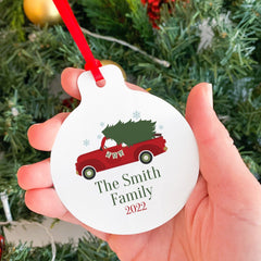 Red Truck Christmas Ornament With The Family Name, Personalised Last Name Xmas Decoration