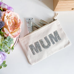 Rhinestone Letter mum makeup bag, Fairtrade Cotton Canvas, Mother's Day Birthday Christmas