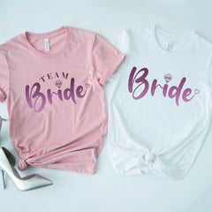 Rose Gold Foil bride and team bride T-shirt Diamond Bridal Mauve Peach Hen Bachelorette Party Top