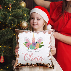 Sequin Unicorn Cushion Cover with name, Personalised Sequin Pillow, Girls Bedroom decor