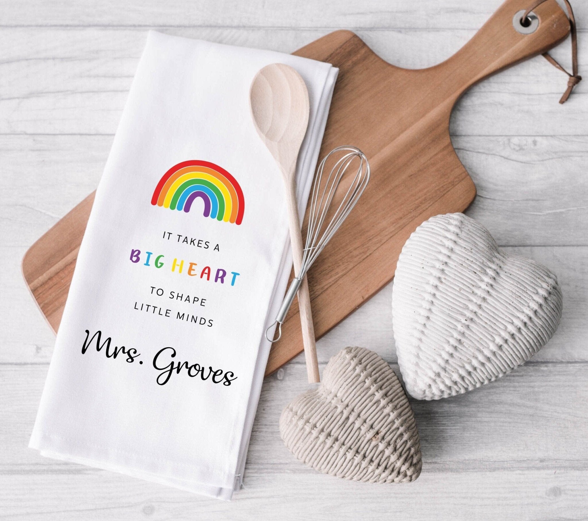 Teacher gift, It Takes a Big Heart to Help Shape Little Minds Tea Towel, Personalised Teacher Thank You Gift