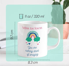 Teacher rainbow mug with name, Personalised teacher thank you gift, Cute Teacher Appreciation Gifts