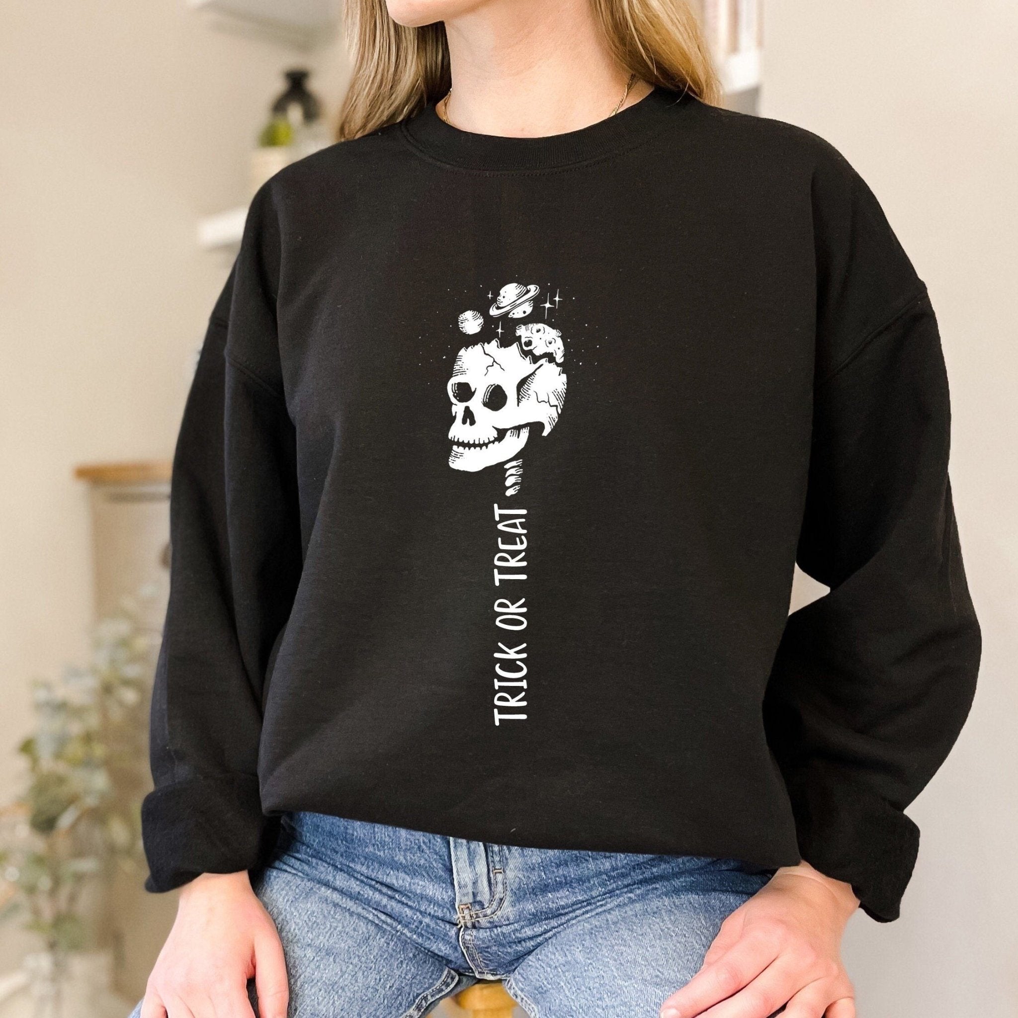 Trick or treat skeleton adult jumper, Funny Halloween costume for men and women