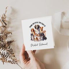 Veterinary card with envelope, Thank you to all the staff at Vet Clinic Name, Dog Cat Pet Owner