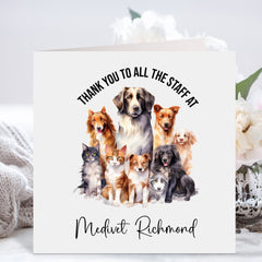 Veterinary card with envelope, Thank you to all the staff at Vet Clinic Name, Dog Cat Pet Owner