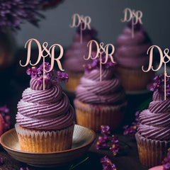 Wooden Wedding Cupcake Topper with Initials, Personalised Engagement Party Decor, Wedding Custom Pick