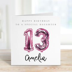 13th birthday card for her Pink birthday gift card for daughter Personalised with name Teenage girl keepsake for daughter's thirteenth