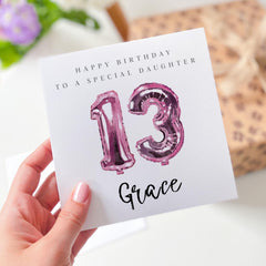13th birthday card for her Pink birthday gift card for daughter Personalised with name Teenage girl keepsake for daughter's thirteenth