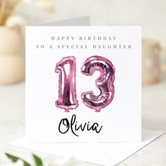 13th birthday card for her Pink birthday gift card for daughter Personalised with name Teenage girl keepsake for daughter's thirteenth