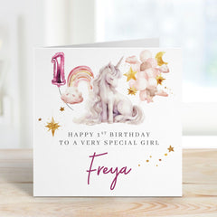 1st Birthday Card with Unicorn and Balloons Custom Name Keepsake for a Very Special Girl Magical Gift for Daughter Niece or Granddaughter