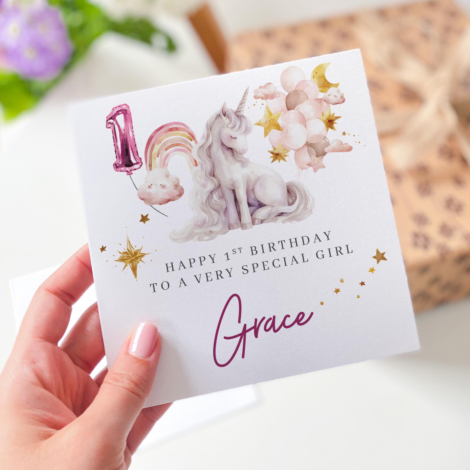 1st Birthday Card with Unicorn and Balloons Custom Name Keepsake for a Very Special Girl Magical Gift for Daughter Niece or Granddaughter