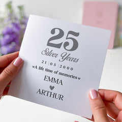 25th Silver Wedding Anniversary Card Personalised Milestone Keepsake for Husband Wife Parents or Couple Celebration Gift 25 Years Marriage