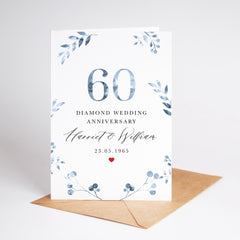 60th Diamond Wedding Anniversary Card for Couple Personalised with Names and Date Elegant Blue Botanical Design Grandparents Grandma Nanny