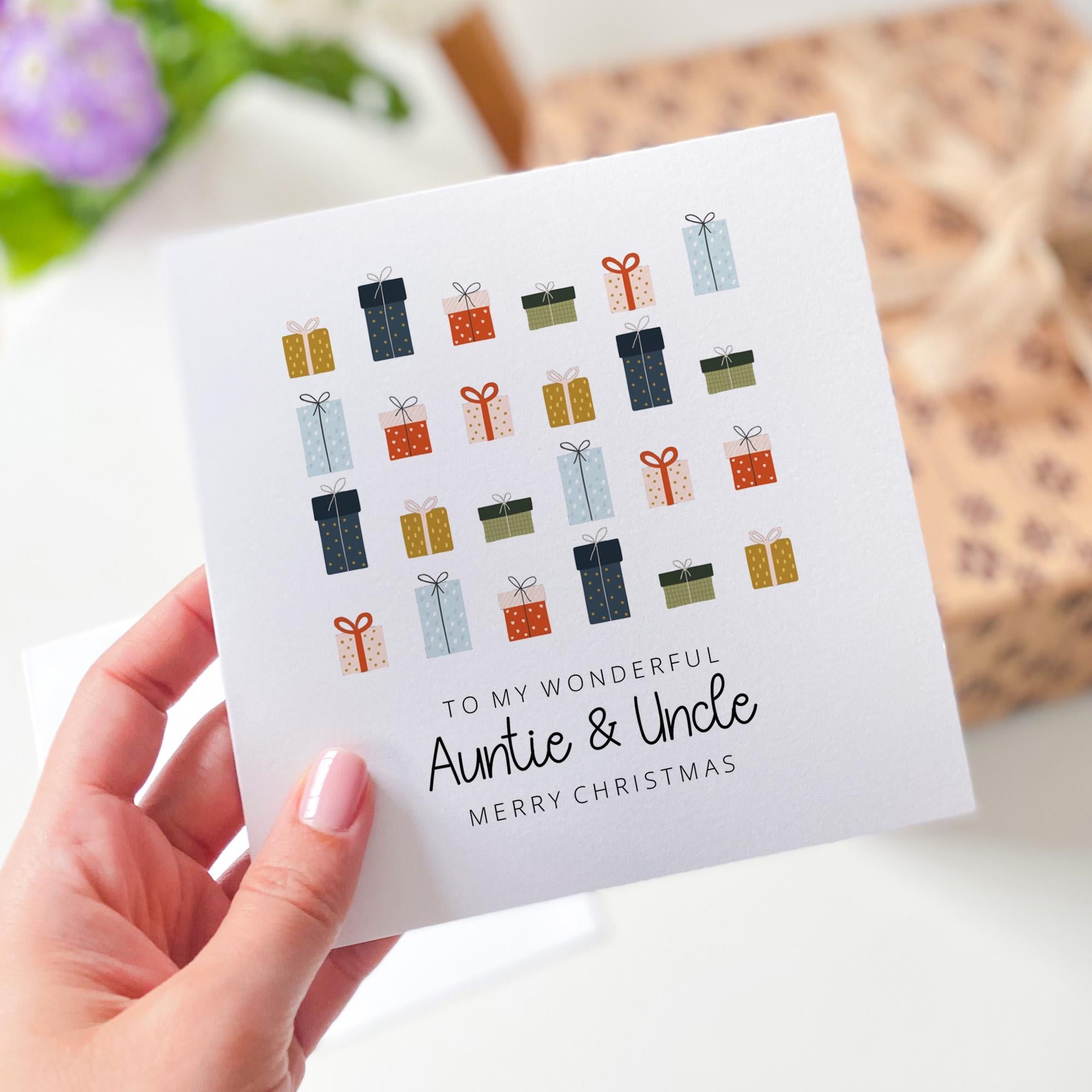 Auntie and Uncle Christmas Card Colourful Gift Boxes Design Special Xmas Greeting Card from Niece or Nephew 1st Xmas Gift Card