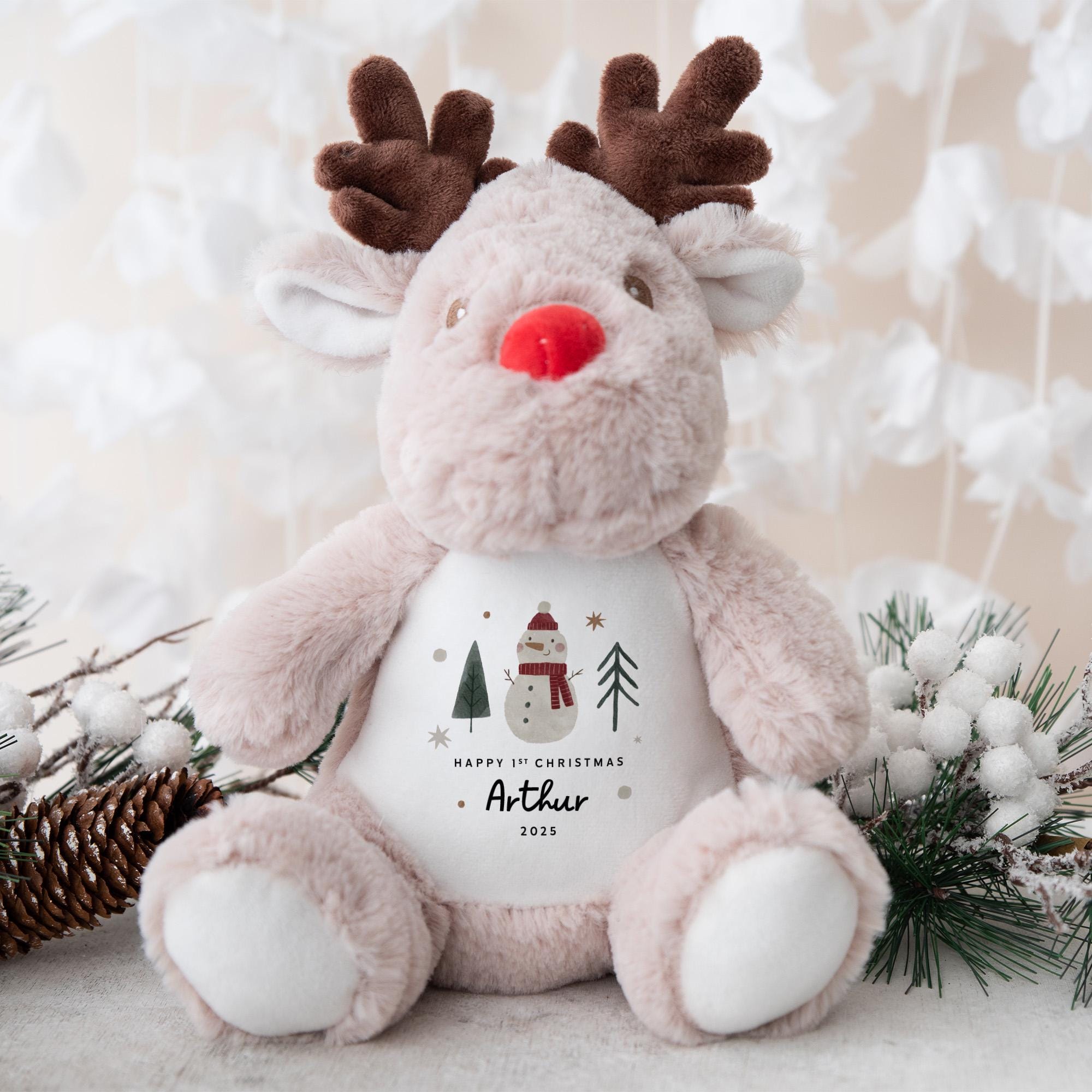 Baby 1st Christmas Soft Toy for Personalised First Xmas Cute Reindeer Teddy Plush Gift for Nephew Niece Grandson Granddaughter Son Daughter