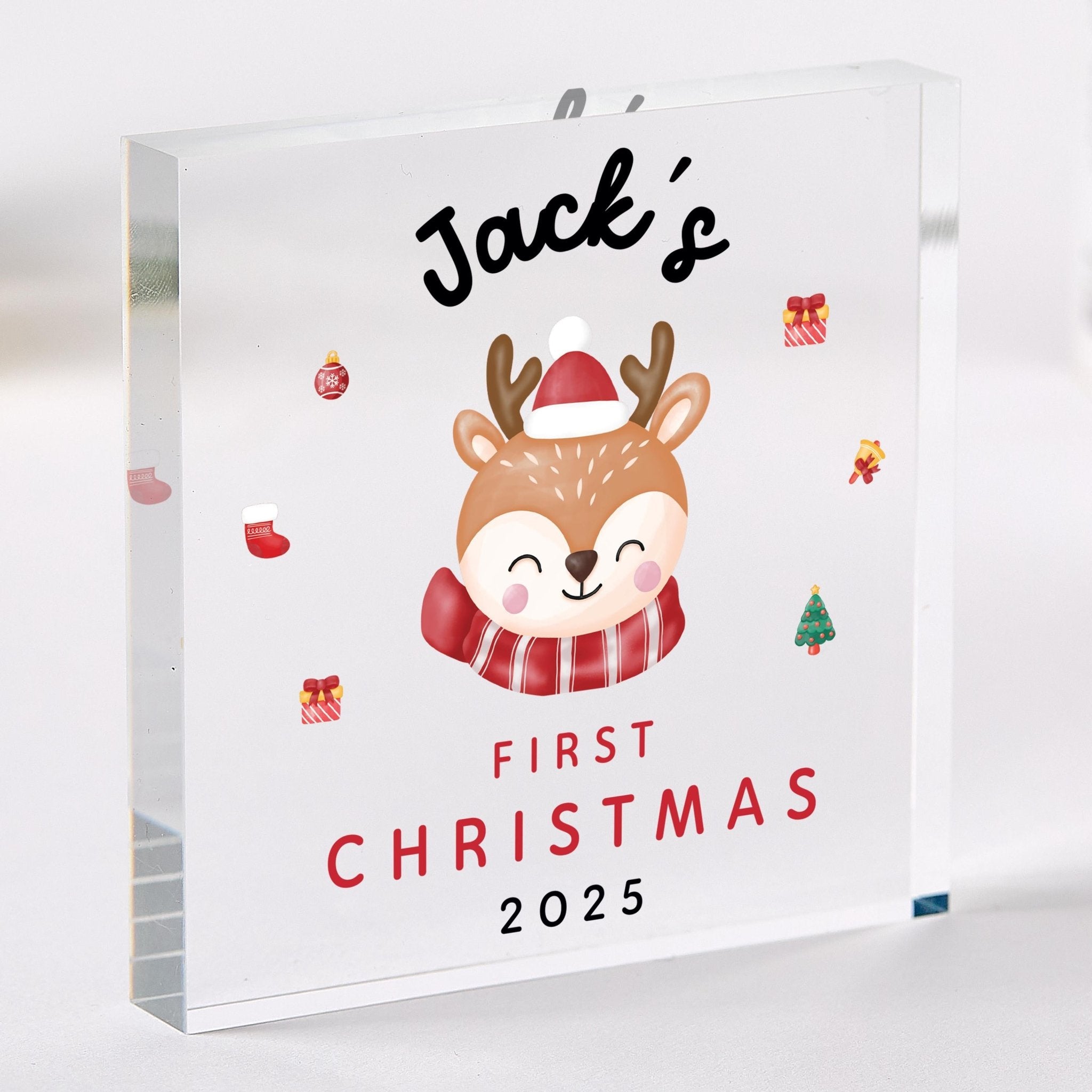 Baby’s First Christmas Acrylic Block – Cute Reindeer Festive Design – Christmas Keepsake Gift for Newborn or Child