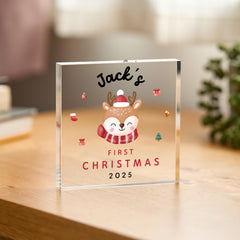 Baby’s First Christmas Acrylic Block – Cute Reindeer Festive Design – Christmas Keepsake Gift for Newborn or Child