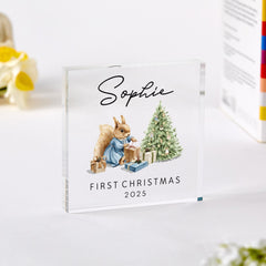 Baby’s First Christmas Acrylic Block – Woodland Squirrel Design – Personalised Nursery Keepsake Gift for Newborn or Child