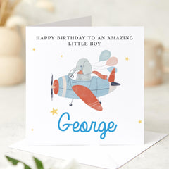 Birthday Card for a Special Little Boy – Elephant Flying Plane Design with Balloons – Custom Name Cute Keepsake for Kids Nephew Son Grandson