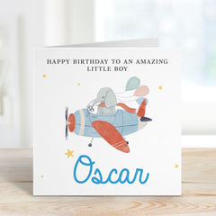 Birthday Card for a Special Little Boy – Elephant Flying Plane Design with Balloons – Custom Name Cute Keepsake for Kids Nephew Son Grandson