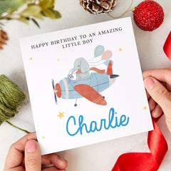 Birthday Card for a Special Little Boy – Elephant Flying Plane Design with Balloons – Custom Name Cute Keepsake for Kids Nephew Son Grandson