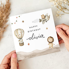 Birthday Card for Girl or Boy Hot Air Balloon Animal Design Cute Personalised Keepsake Card for Daughter Granddaughter Grandson Nephew Niece