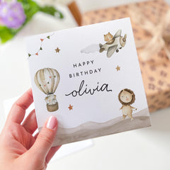 Birthday Card for Girl or Boy Hot Air Balloon Animal Design Cute Personalised Keepsake Card for Daughter Granddaughter Grandson Nephew Niece