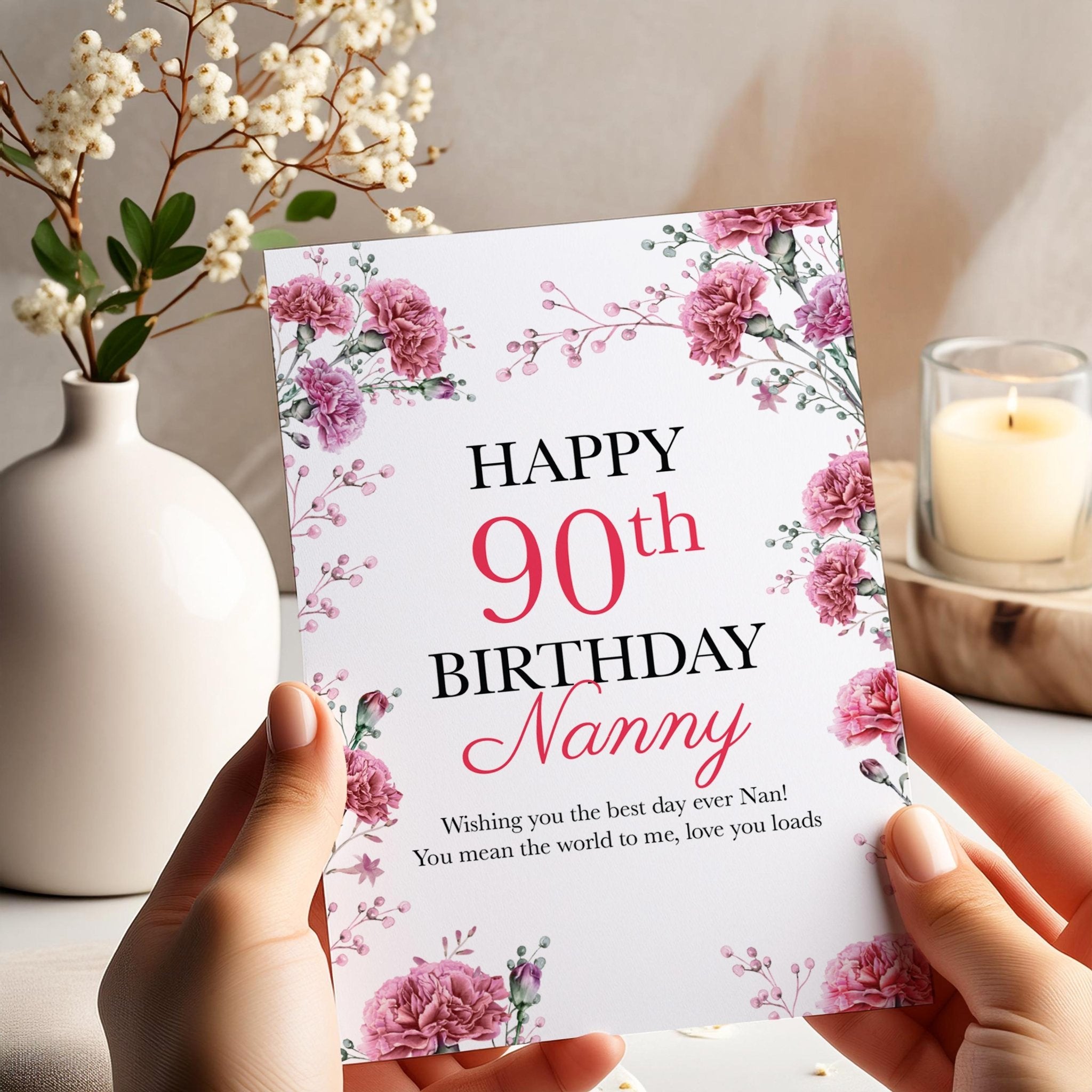 Birthday Card with Pink Flowers Personalised Milestone Age for Nanny Nan Gran Grandma Mum Floral Gift Idea 30th 40th 50th 60th 70th 90th