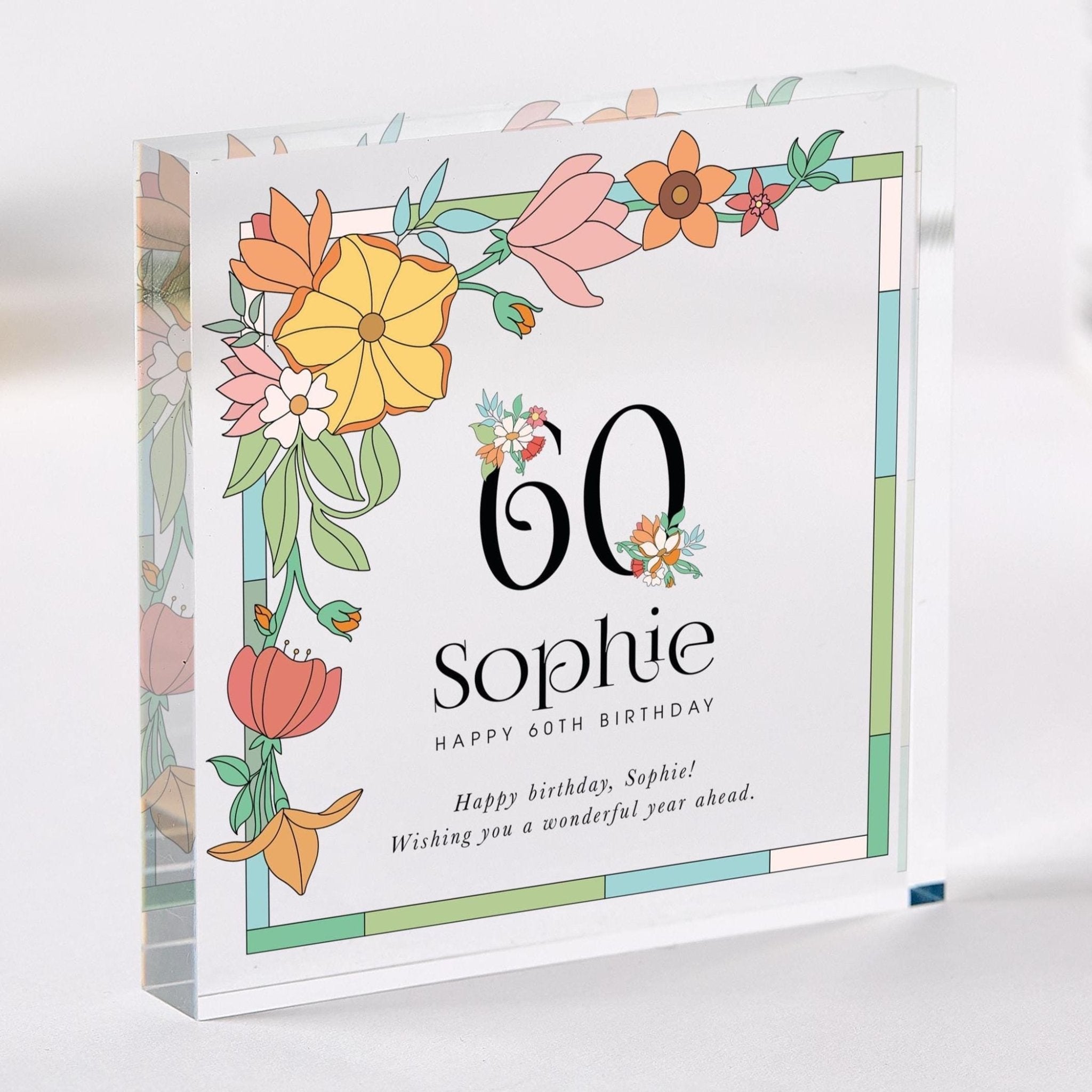 Birthday Gift for Her Personalised Floral Acrylic Plaque Elegant Keepsake Gift for Her Display for Mum Nan Friend 30th 40th 60th 70th 80th