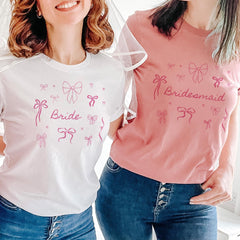 Bridal Party Bow T-Shirt Bride, Bridesmaid, Maid of Honour, Mother of the Bride or Groom Cute Hen Party Tee with Bows Messy Coquette