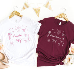 Bridal Party Bow T-Shirt Bride, Bridesmaid, Maid of Honour, Mother of the Bride or Groom Cute Hen Party Tee with Bows Messy Coquette