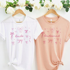 Bridal Party Bow T-Shirt Bride, Bridesmaid, Maid of Honour, Mother of the Bride or Groom Cute Hen Party Tee with Bows Messy Coquette