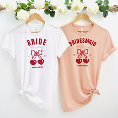 Bride T-shirt Cute Bridal Party Outfit Bride to - be Tee Cute Summer Cherry Design Beach Concept Messy Coquette Hen Party Bridal Shower Tee