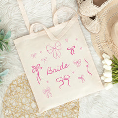Bride Tote Bag Romantic Bow & Heart Design Soft and Elegant Hen Party Gift for Bride - To - Be Wedding Day Prep Hen Weekend Gift Messy Coquette