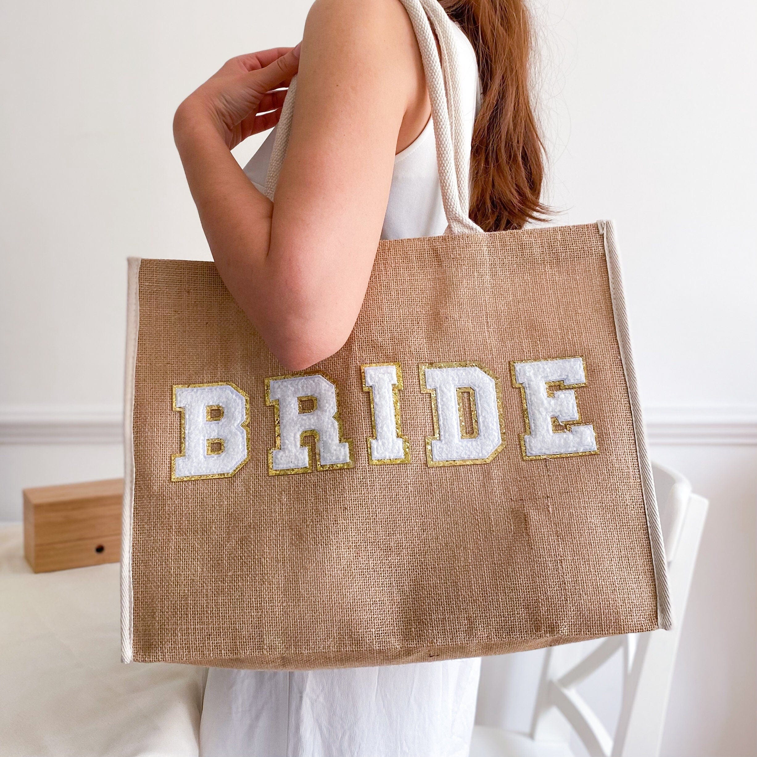 Bride Tote Bag With Gold Trim White Letters, Bridal Shower Engagement Gift, Bride To Be Mrs Wedding