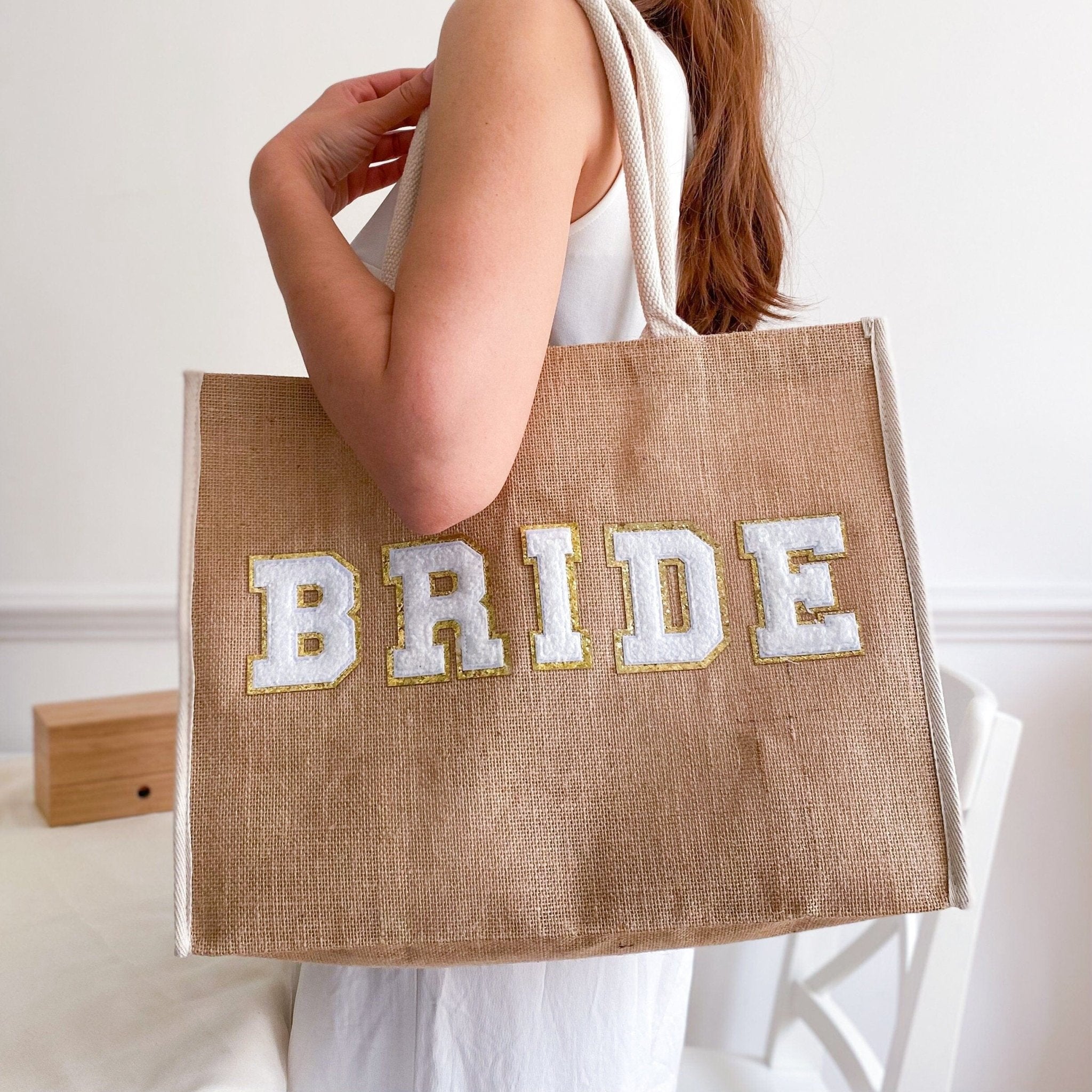 Bride Tote Bag Gold Trim Letters Bridal Shower Engagement Bride To Be Mrs Wedding