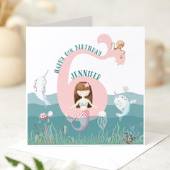 Card for 6th Birthday with Name & Age Personalised Mermaid Birthday Card for Girls Under the Sea for Daughter Niece or Granddaughter