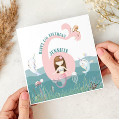Card for 6th Birthday with Name & Age Personalised Mermaid Birthday Card for Girls Under the Sea for Daughter Niece or Granddaughter
