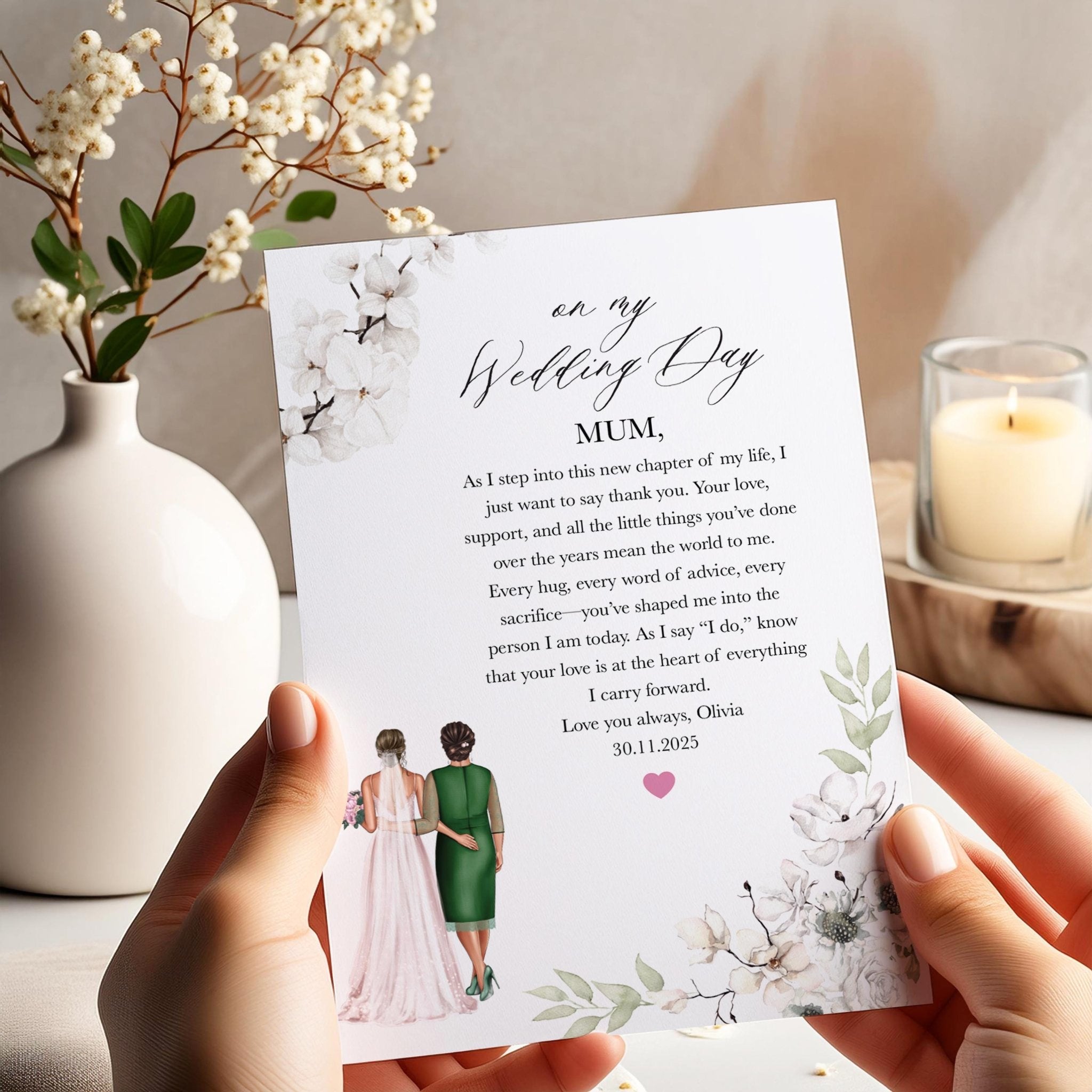 Card for Mother of the Bride on Wedding Day Personalised Thank You Card for Mum Mother Elegant Floral Design Custom Name and Date Keepsake