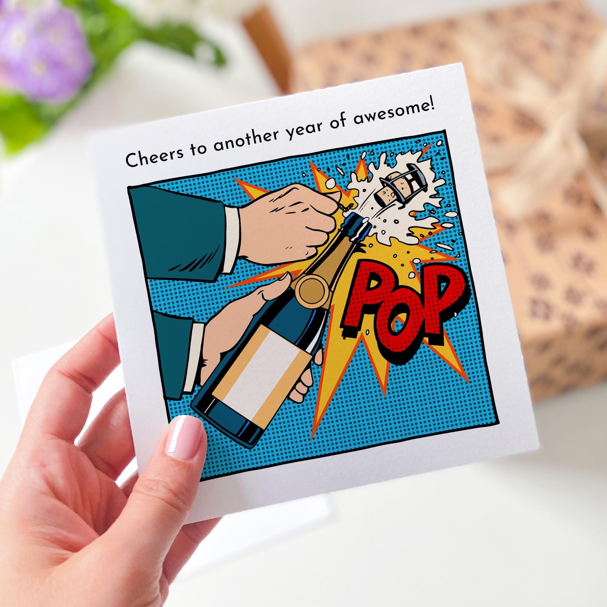 Cheers To Another Year Of Awesome Card With Pop - Art Design Happy Birthday Card For Her Him Friend Husband Wife Greeting For New Year