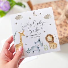 Christening Card with Safari Animals for Baby Girl Boy Personalised Baptism Keepsake with Name and Date Card for Nephew Niece Son Daughter