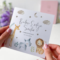 Christening Card with Safari Animals for Baby Girl Boy Personalised Baptism Keepsake with Name and Date Card for Nephew Niece Son Daughter