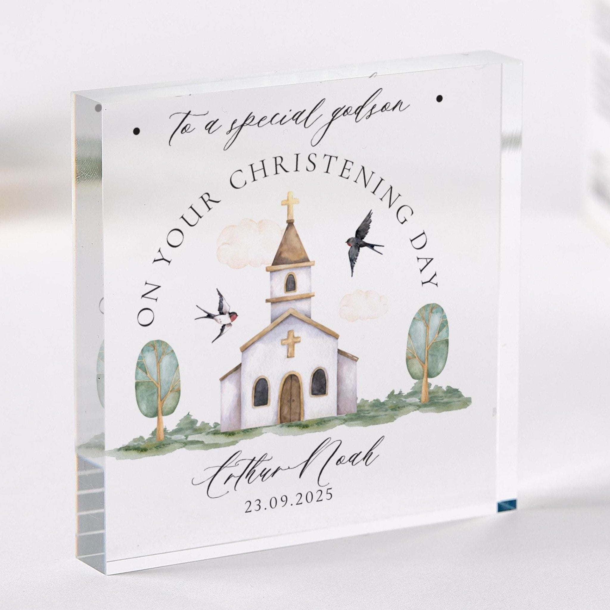 Christening Godson Custom Name & Date Acrylic Plaque Special Keepsake Baptism Day Church Design Baptised Christened