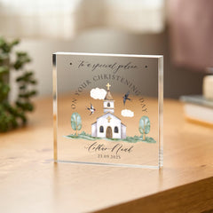 Christening Gift for Godson Custom Name & Date Acrylic Plaque Special Keepsake for Baptism Day Church Design Baptised Christened